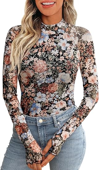 Dealmore Lace Sheer Long Sleeve Floral Mesh Mockneck