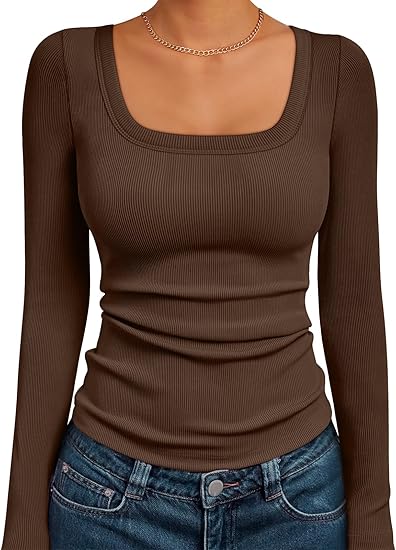 AUTOMET Women‘s Ribbed Square Neck Top, Long Sleeve