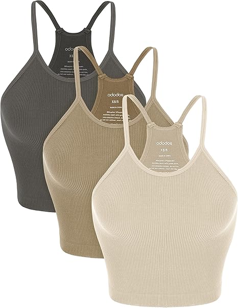 ODODOS Women's Crop 3-Pack Seamless Rib-Knit Camisole